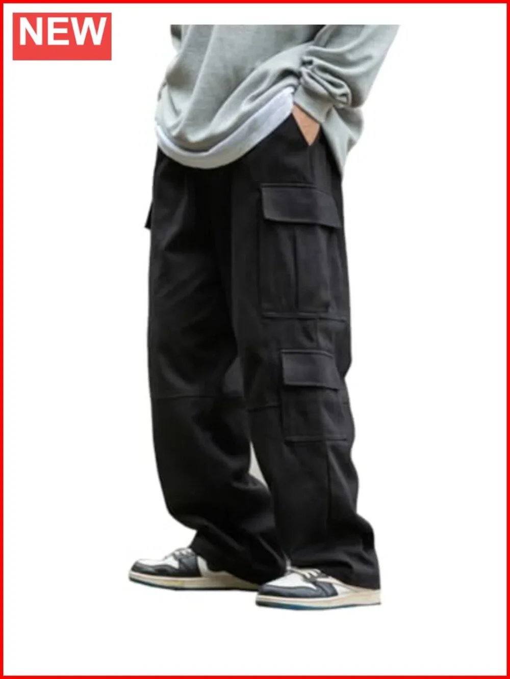 Mens Cargo Pants Drawstring Elastic Waist Casual Baggy Streetwear Multi Pockets
